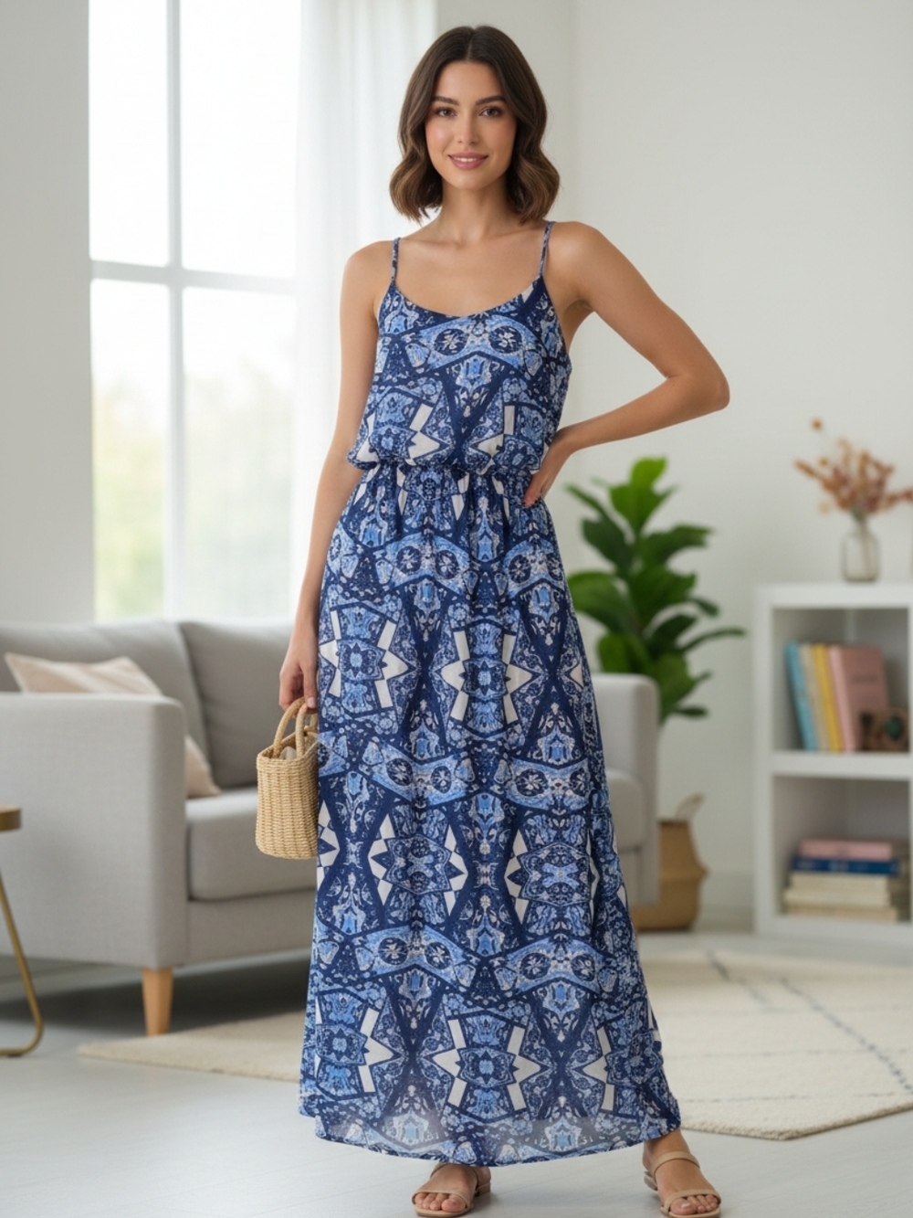 Pink Rose Blue Patterned Maxi Dress - Spaghetti Strap